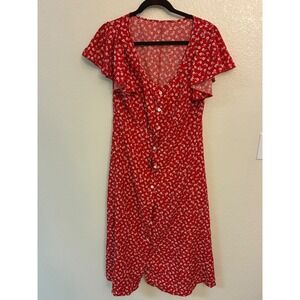 Red Floral Button Down Midi Dress Flutter Sleeve V-Neck Daisy Print L